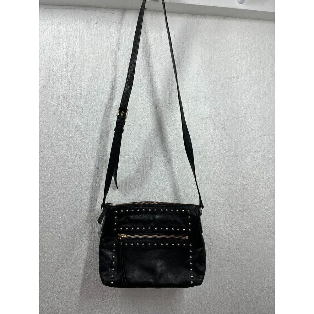 COLE HAAN WOMENS BLACK LEATHER STUDDED CROSSBODY SHOULDER BAG